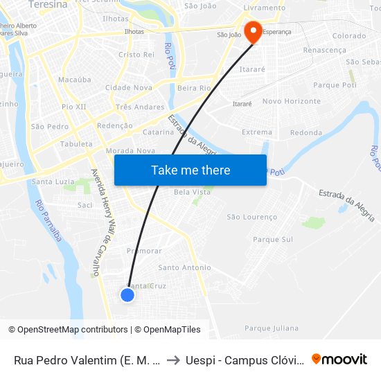 Rua Pedro Valentim (E. M. Santa Fé) to Uespi - Campus Clóvis Moura map