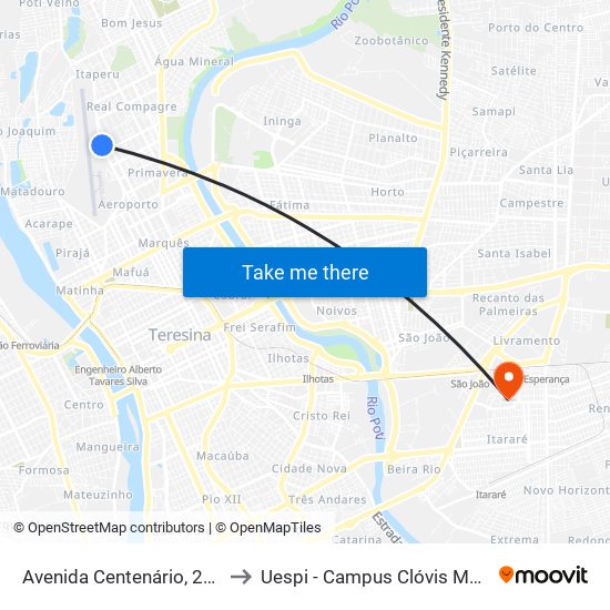 Avenida Centenário, 2064 to Uespi - Campus Clóvis Moura map