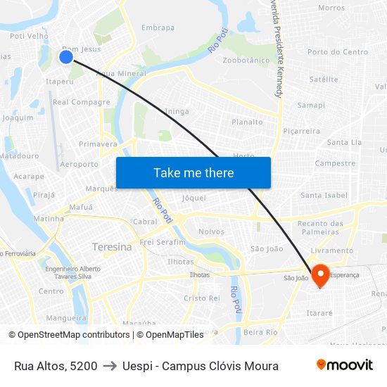 Rua Altos, 5200 to Uespi - Campus Clóvis Moura map