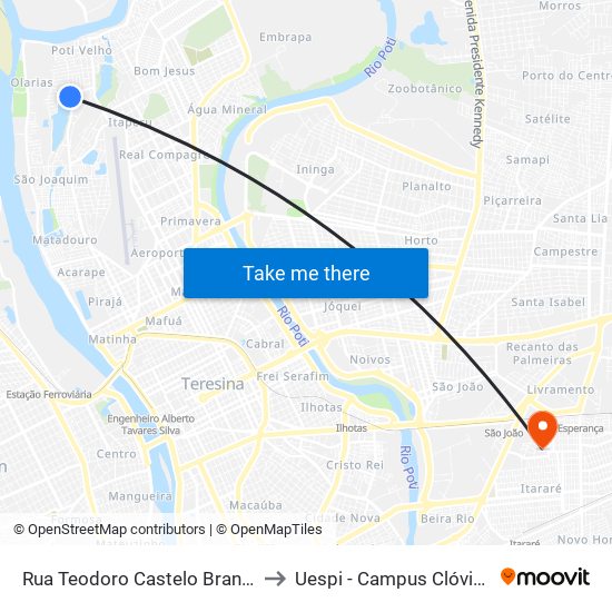 Rua Teodoro Castelo Branco, 5749 to Uespi - Campus Clóvis Moura map