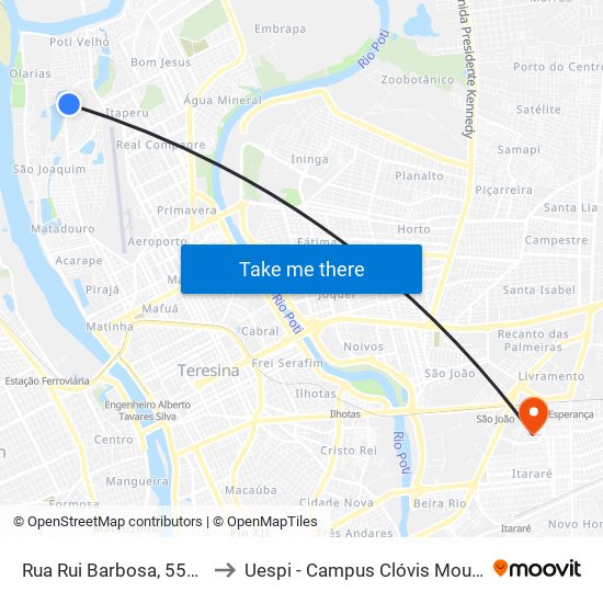 Rua Rui Barbosa, 5569 to Uespi - Campus Clóvis Moura map