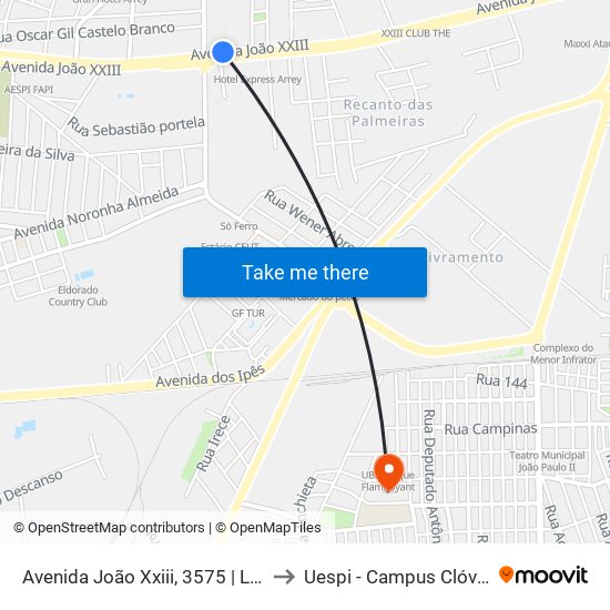 Avenida João Xxiii, 3575 | Lojas Havan to Uespi - Campus Clóvis Moura map