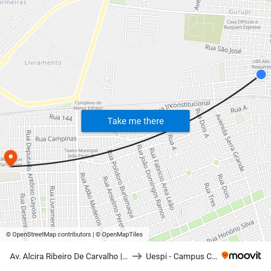 Av. Alcira Ribeiro De Carvalho | E. M. Mário Covas to Uespi - Campus Clóvis Moura map