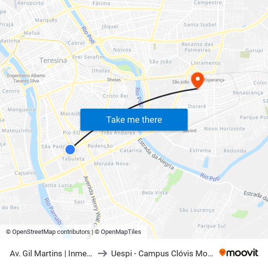 Av. Gil Martins | Inmetro to Uespi - Campus Clóvis Moura map