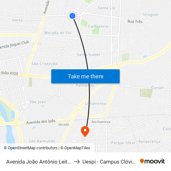 Avenida João Antônio Leitão, 4299 to Uespi - Campus Clóvis Moura map