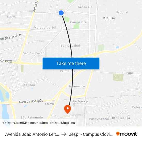 Avenida João Antônio Leitão, 4449 to Uespi - Campus Clóvis Moura map