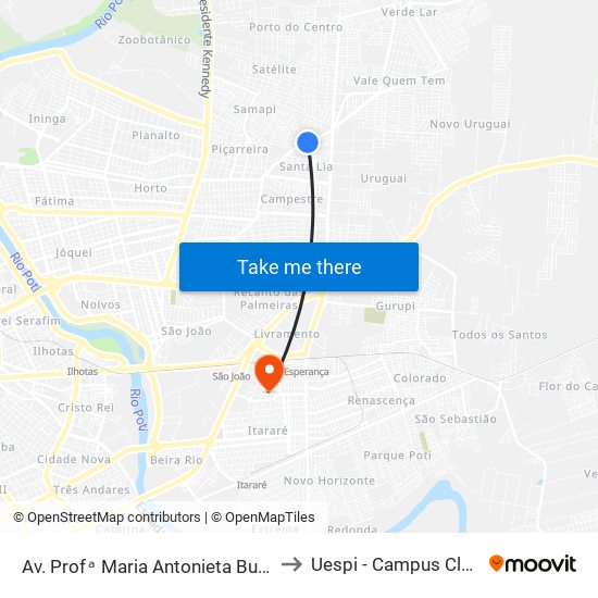 Av. Profᵃ Maria Antonieta Burlamaqui, 5357 to Uespi - Campus Clóvis Moura map