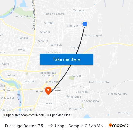Rua Hugo Bastos, 7511 to Uespi - Campus Clóvis Moura map