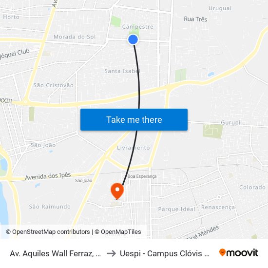 Av. Aquiles Wall Ferraz, 5101 to Uespi - Campus Clóvis Moura map