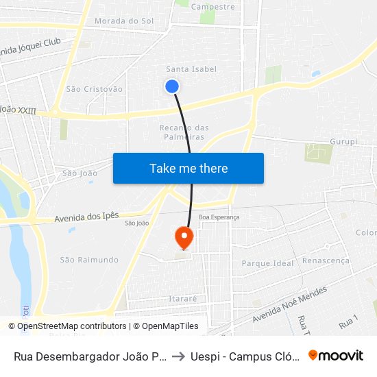 Rua Desembargador João Pereira, 4277 to Uespi - Campus Clóvis Moura map