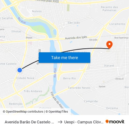 Avenida Barão De Castelo Branco, 890 to Uespi - Campus Clóvis Moura map