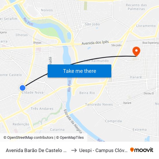 Avenida Barão De Castelo Branco, 721 to Uespi - Campus Clóvis Moura map