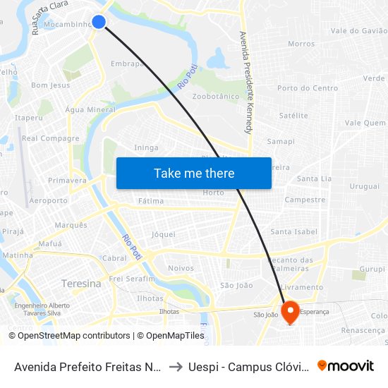 Avenida Prefeito Freitas Neto, 6908 to Uespi - Campus Clóvis Moura map
