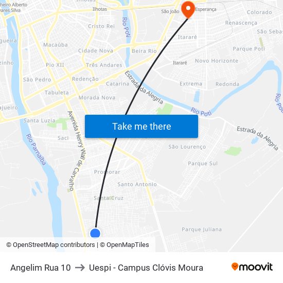 Angelim Rua 10 to Uespi - Campus Clóvis Moura map