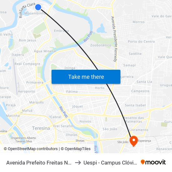 Avenida Prefeito Freitas Neto, 4735 to Uespi - Campus Clóvis Moura map
