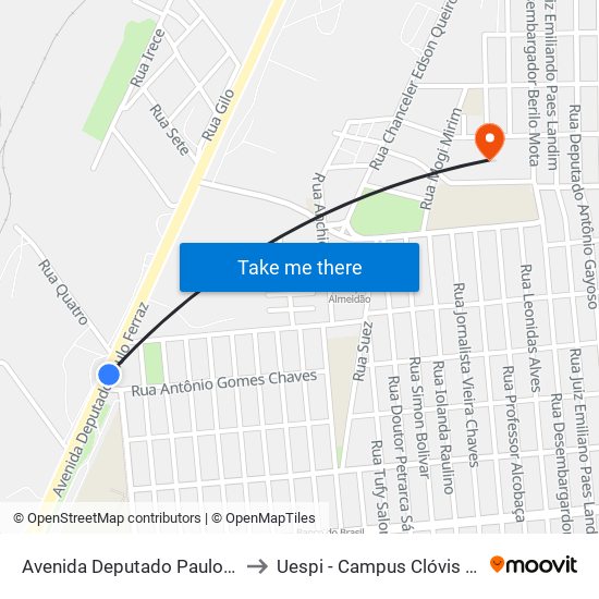 Avenida Deputado Paulo Ferraz to Uespi - Campus Clóvis Moura map