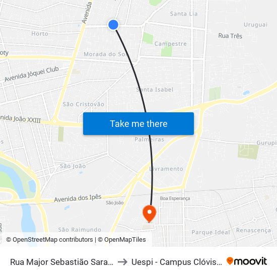 Rua Major Sebastião Saraiva, 697 to Uespi - Campus Clóvis Moura map