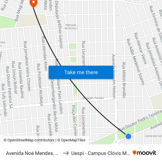 Avenida Noé Mendes, 2133 to Uespi - Campus Clóvis Moura map