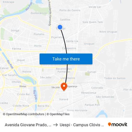 Avenida Giovane Prado, 1002 to Uespi - Campus Clóvis Moura map