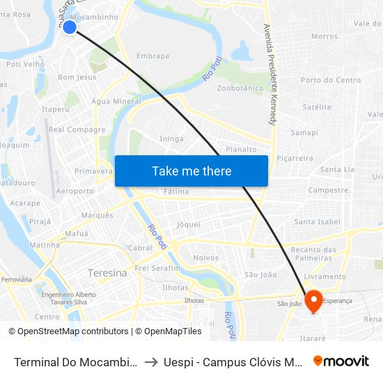 Terminal Do Mocambinho to Uespi - Campus Clóvis Moura map