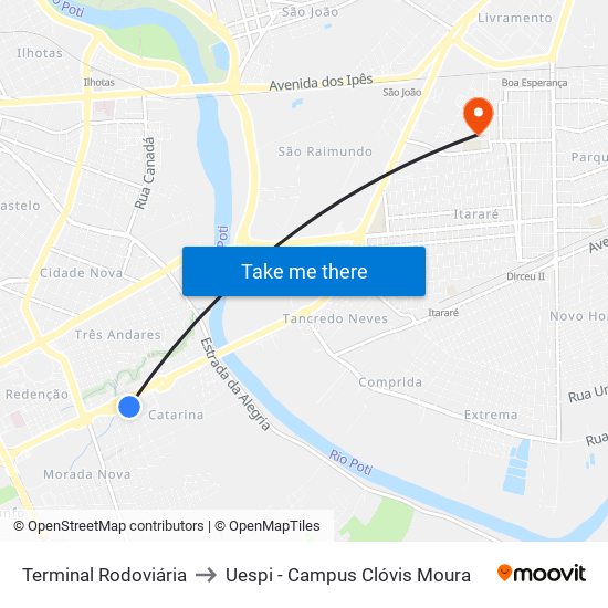 Terminal Rodoviária to Uespi - Campus Clóvis Moura map