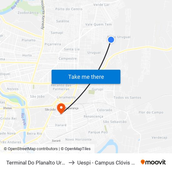 Terminal Do Planalto Uruguai to Uespi - Campus Clóvis Moura map