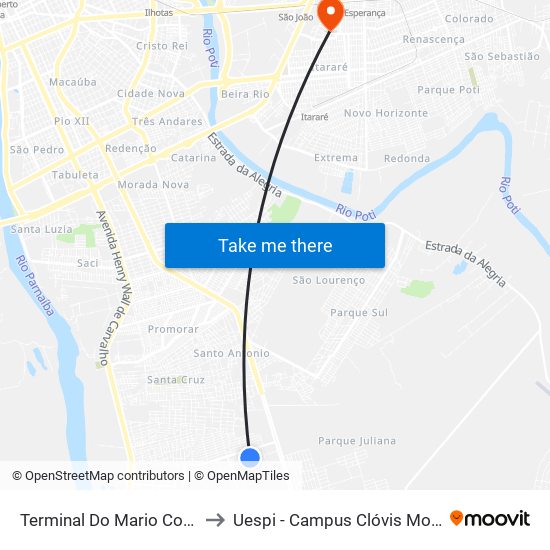 Terminal Do Mario Covas to Uespi - Campus Clóvis Moura map