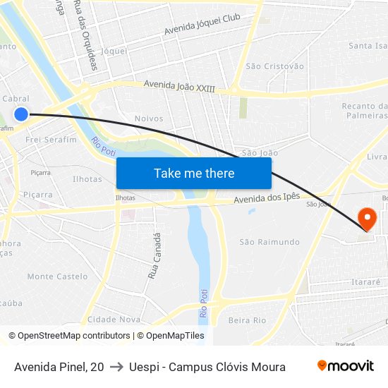 Avenida Pinel, 20 to Uespi - Campus Clóvis Moura map