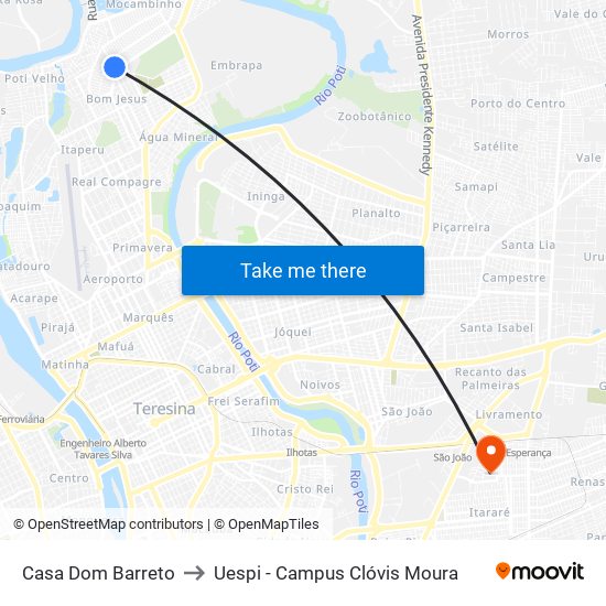 Casa Dom Barreto to Uespi - Campus Clóvis Moura map