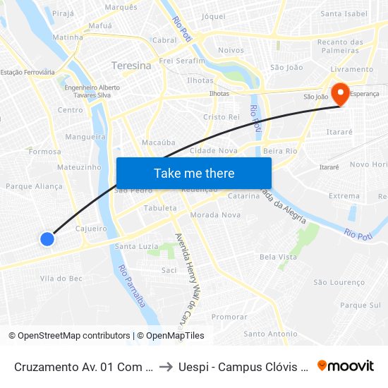 Cruzamento Av. 01 Com Av. 02 to Uespi - Campus Clóvis Moura map