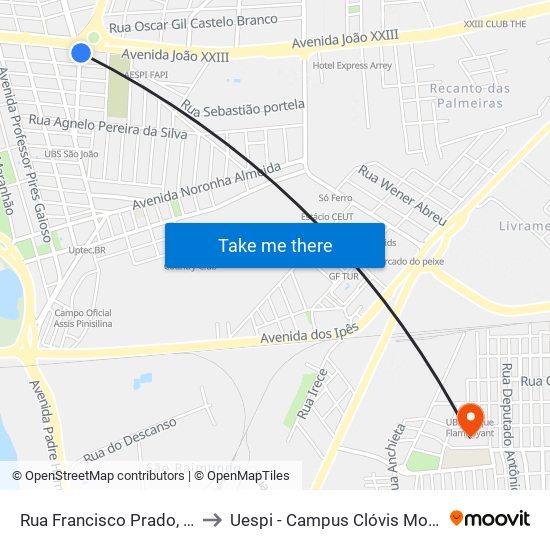 Rua Francisco Prado, 67 to Uespi - Campus Clóvis Moura map