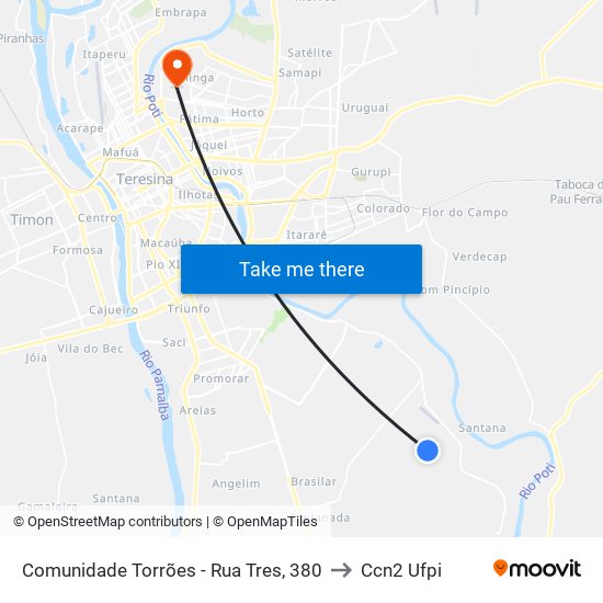 Comunidade Torrões - Rua Tres, 380 to Ccn2 Ufpi map