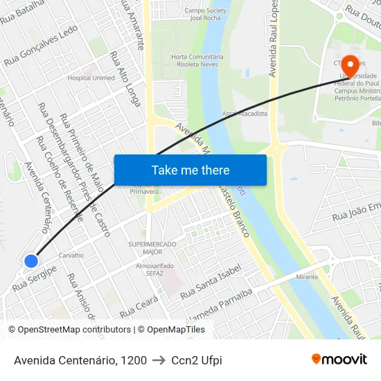 Avenida Centenário, 1200 to Ccn2 Ufpi map