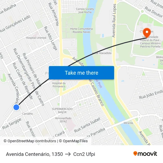 Avenida Centenário, 1350 to Ccn2 Ufpi map
