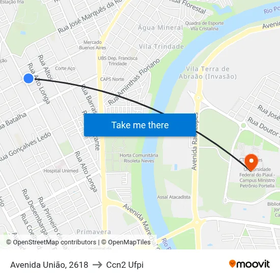 Avenida União, 2618 to Ccn2 Ufpi map