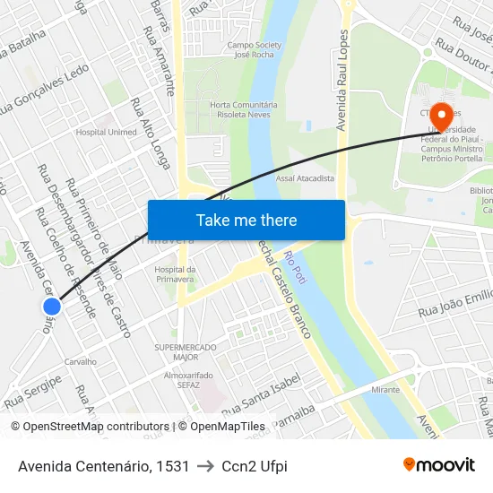 Avenida Centenário, 1531 to Ccn2 Ufpi map