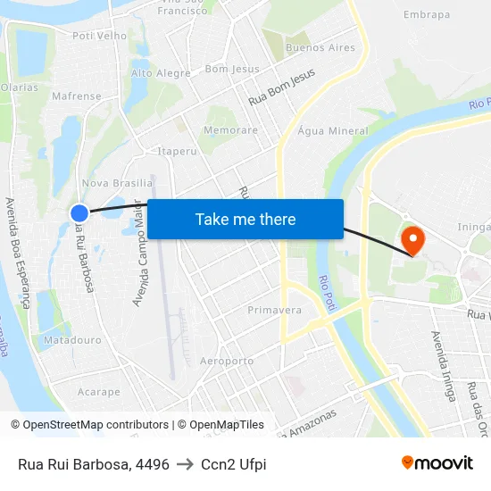 Rua Rui Barbosa, 4496 to Ccn2 Ufpi map