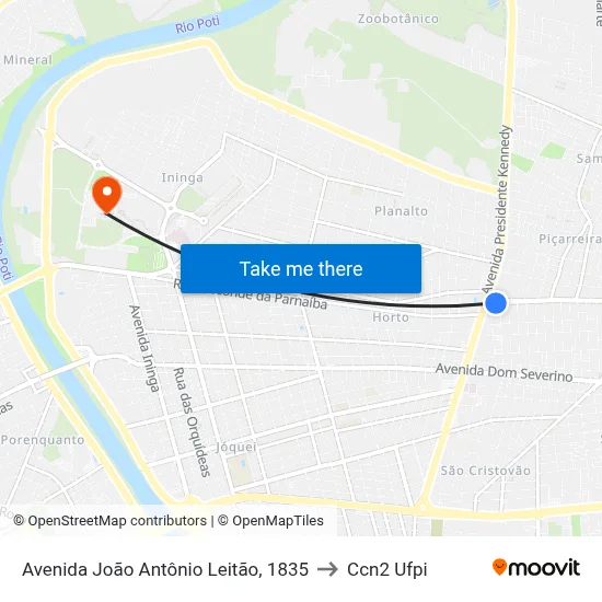 Avenida João Antônio Leitão, 1835 to Ccn2 Ufpi map