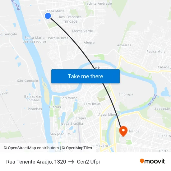 Rua Tenente Araújo, 1320 to Ccn2 Ufpi map