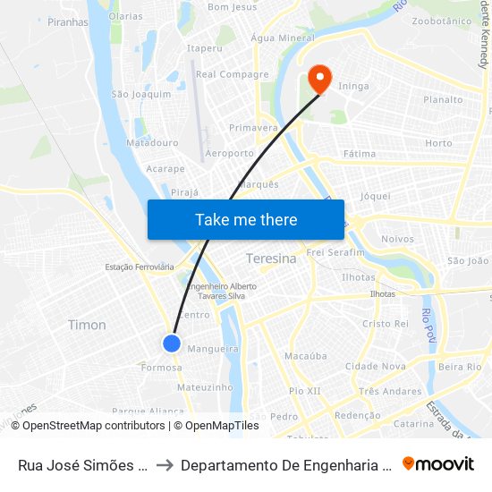 Rua José Simões Pedreiras, 958 to Departamento De Engenharia De Produção - Ct - Ufpi map