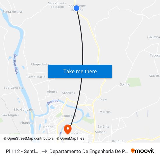 Pi 112 - Sentido União to Departamento De Engenharia De Produção - Ct - Ufpi map