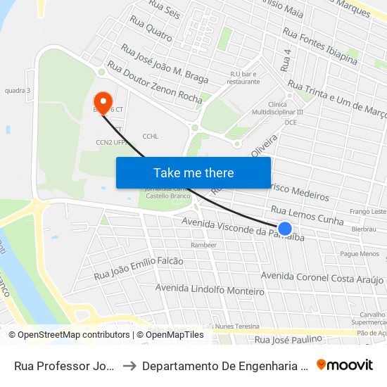 Rua Professor Joca Vieira, 2475 to Departamento De Engenharia De Produção - Ct - Ufpi map