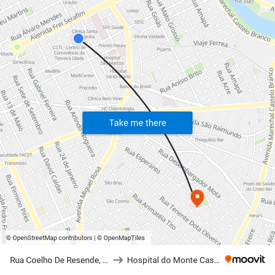 Rua Coelho De Resende, 132 to Hospital do Monte Castelo map