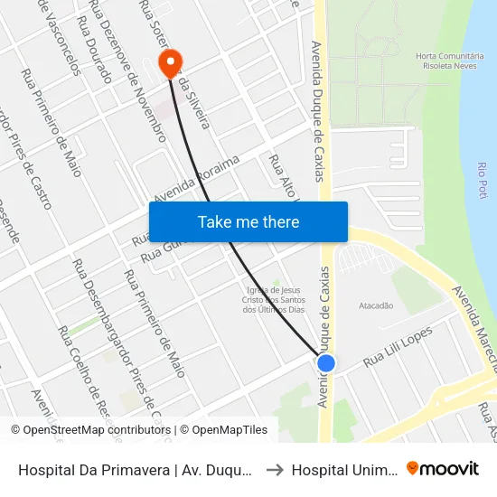 Hospital Da Primavera | Av. Duque De Caxias - Sentido Centro to Hospital Unimed Primavera map