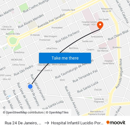 Rua 24 De Janeiro, 395 to Hospital Infantil Lucídio Portella map