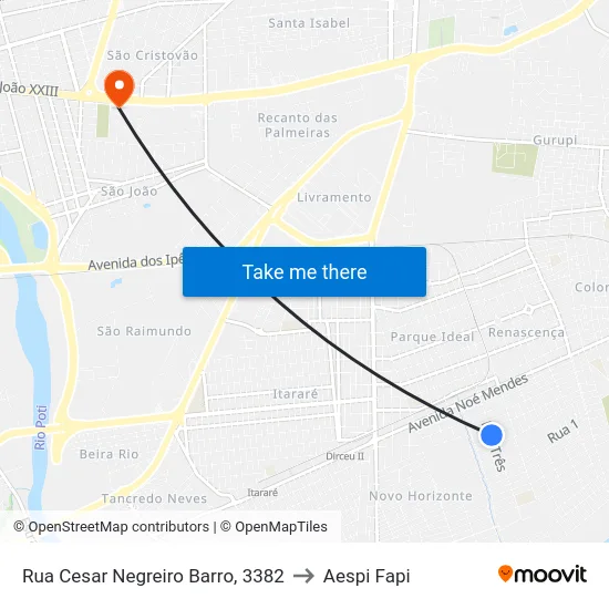 Rua Cesar Negreiro Barro, 3382 to Aespi Fapi map