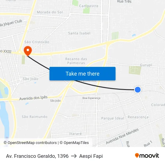 Av. Francisco Geraldo, 1396 to Aespi Fapi map