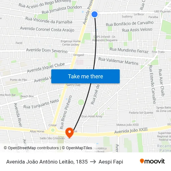 Avenida João Antônio Leitão, 1835 to Aespi Fapi map