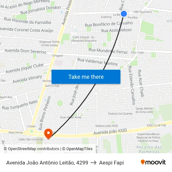 Avenida João Antônio Leitão, 4299 to Aespi Fapi map