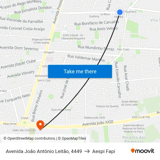 Avenida João Antônio Leitão, 4449 to Aespi Fapi map